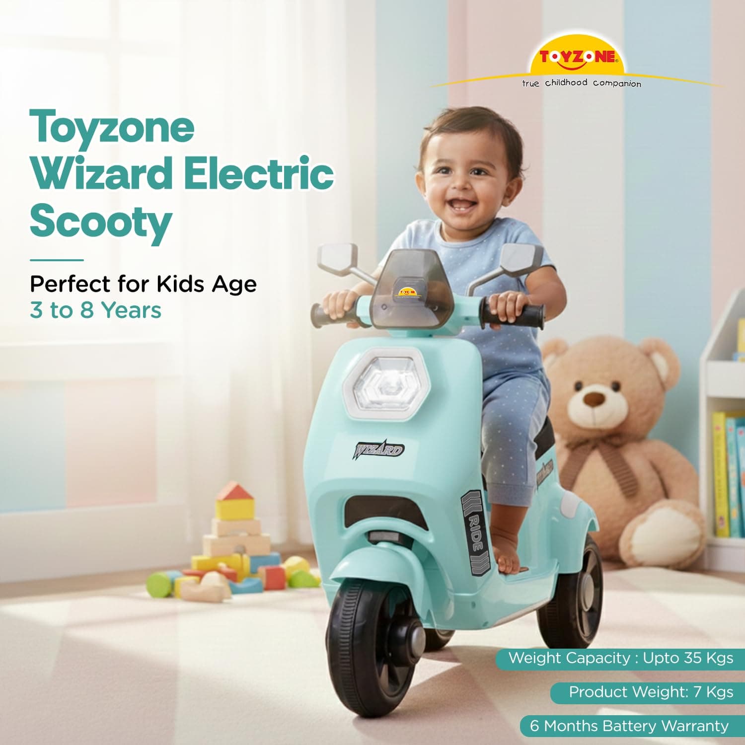 Wizard Electric Scooty | Rechargeable Scooty 6V | Powered by 6.5 ah Battery | Music Player with Bluetoooth & USB | 6 Month Warranty on Battery | Make in India | for Kids 2+ Years (Blue) — view 2