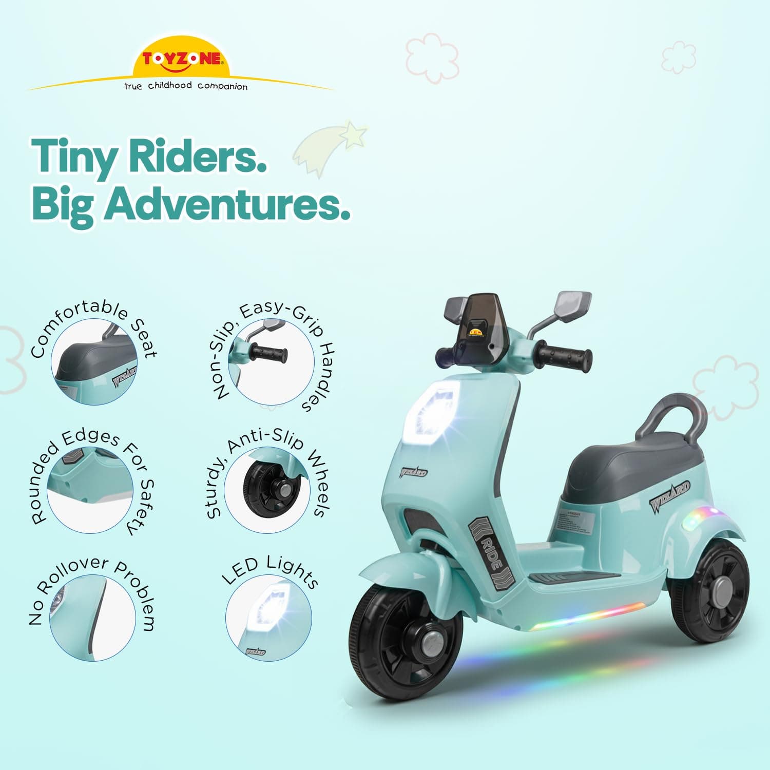 Wizard Electric Scooty | Rechargeable Scooty 6V | Powered by 6.5 ah Battery | Music Player with Bluetoooth & USB | 6 Month Warranty on Battery | Make in India | for Kids 2+ Years (Blue) — view 3
