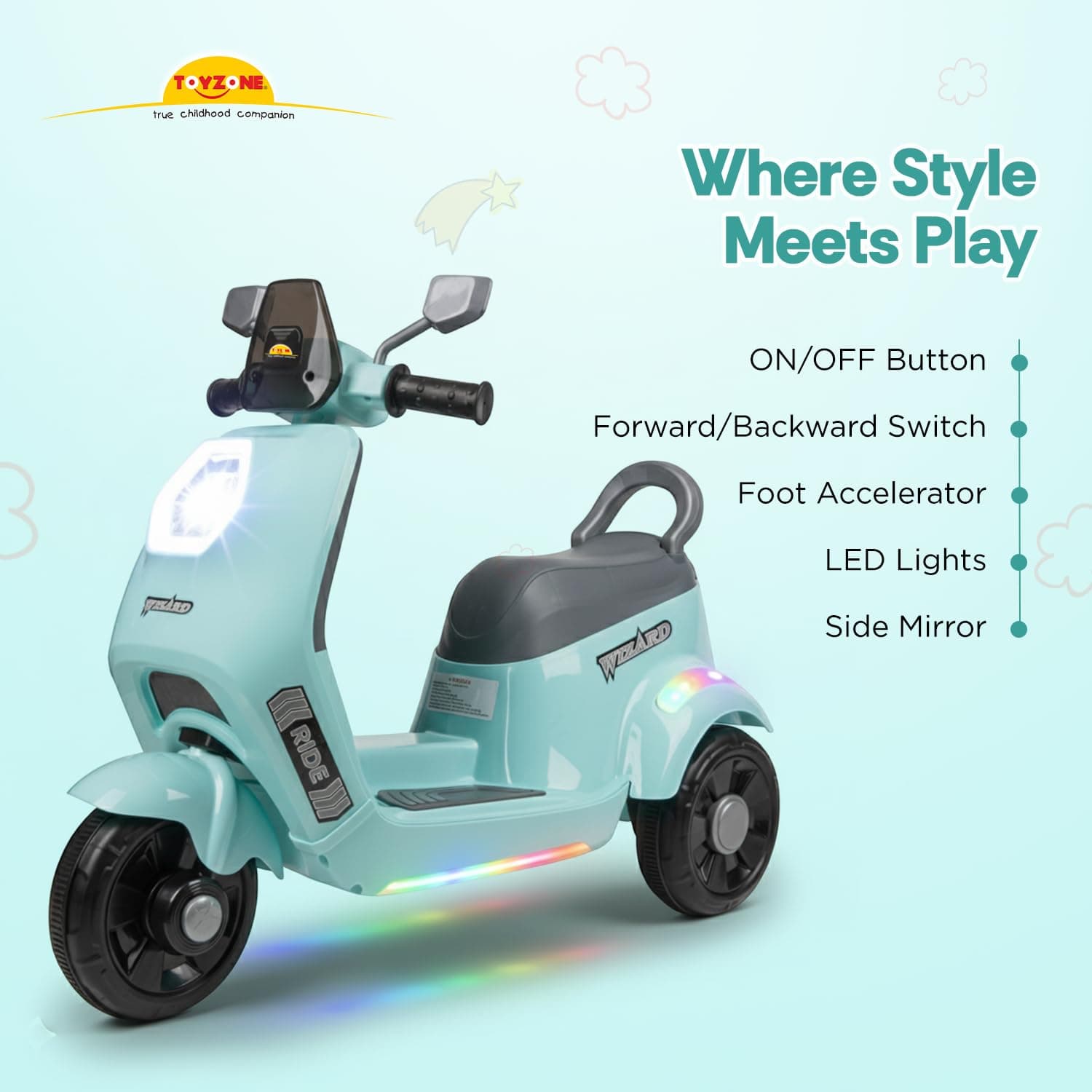 Wizard Electric Scooty | Rechargeable Scooty 6V | Powered by 6.5 ah Battery | Music Player with Bluetoooth & USB | 6 Month Warranty on Battery | Make in India | for Kids 2+ Years (Blue) — view 4