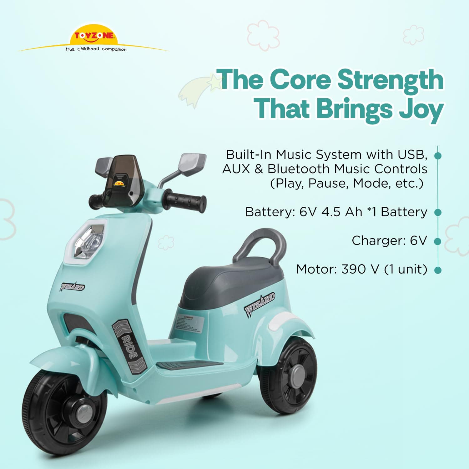 Wizard Electric Scooty | Rechargeable Scooty 6V | Powered by 6.5 ah Battery | Music Player with Bluetoooth & USB | 6 Month Warranty on Battery | Make in India | for Kids 2+ Years (Blue) — view 5