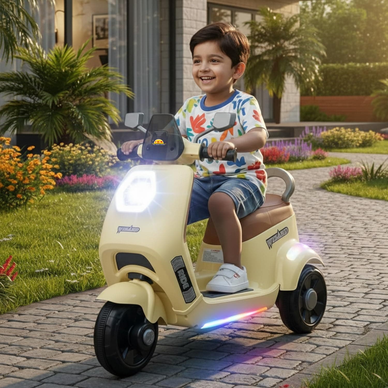 Wizard Electric Scooty | Rechargeable Scooty 6V | Powered by 6.5 ah Battery | Music Player with Bluetoooth & USB | 6 Month Warranty on Battery | Make in India | for Kids 2+ Years (Ivory)