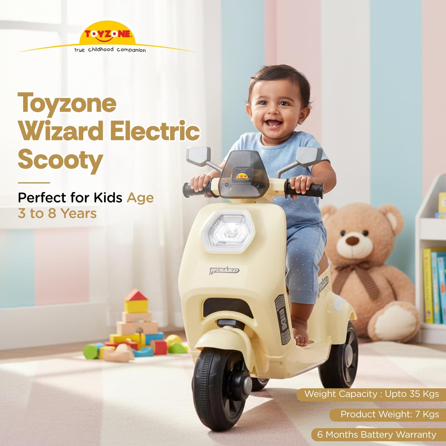 Wizard Electric Scooty | Rechargeable Scooty 6V | Powered by 6.5 ah Battery | Music Player with Bluetoooth & USB | 6 Month Warranty on Battery | Make in India | for Kids 2+ Years (Ivory) — view 2