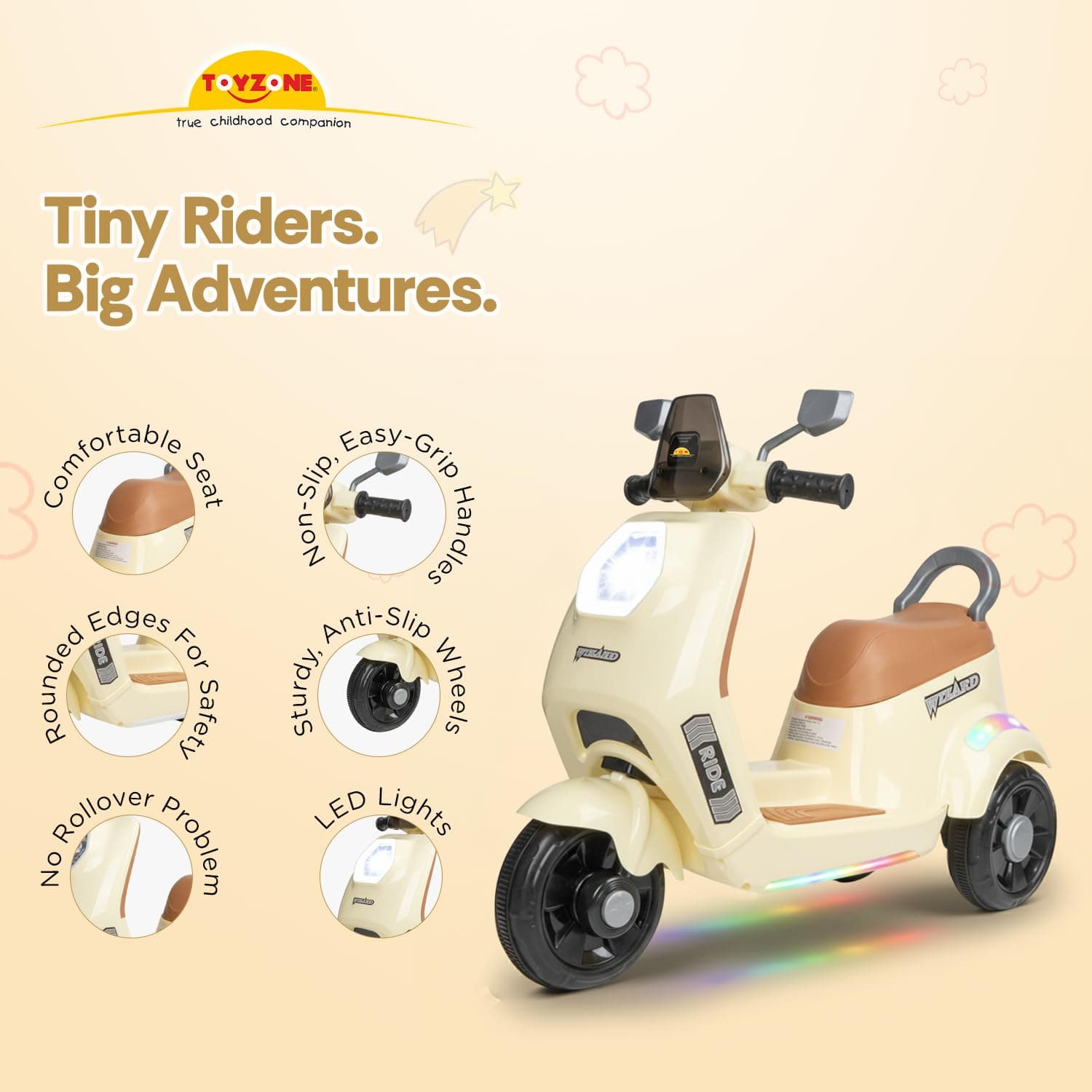Wizard Electric Scooty | Rechargeable Scooty 6V | Powered by 6.5 ah Battery | Music Player with Bluetoooth & USB | 6 Month Warranty on Battery | Make in India | for Kids 2+ Years (Ivory) — view 3