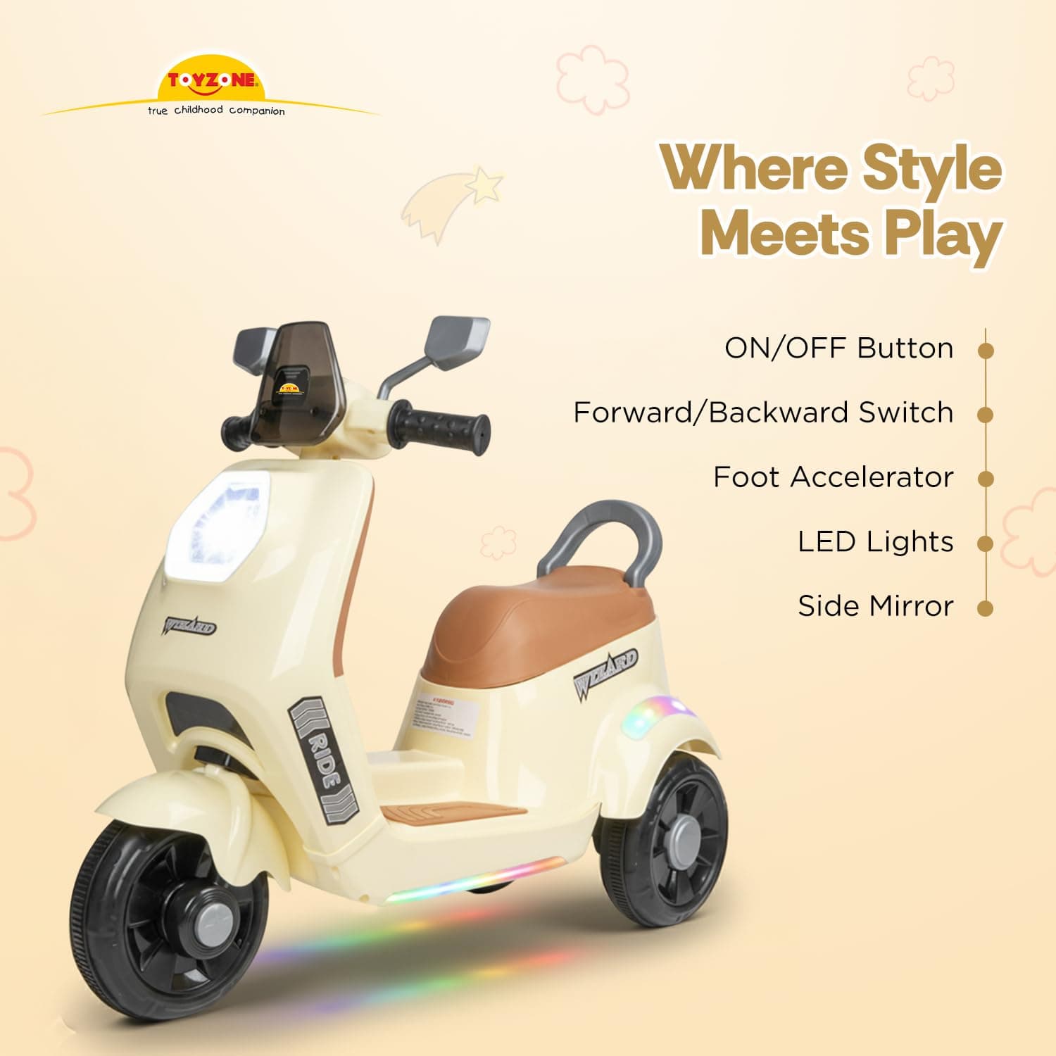 Wizard Electric Scooty | Rechargeable Scooty 6V | Powered by 6.5 ah Battery | Music Player with Bluetoooth & USB | 6 Month Warranty on Battery | Make in India | for Kids 2+ Years (Ivory) — view 4