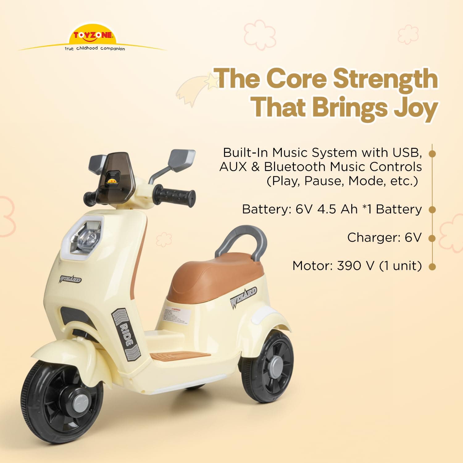 Wizard Electric Scooty | Rechargeable Scooty 6V | Powered by 6.5 ah Battery | Music Player with Bluetoooth & USB | 6 Month Warranty on Battery | Make in India | for Kids 2+ Years (Ivory) — view 5