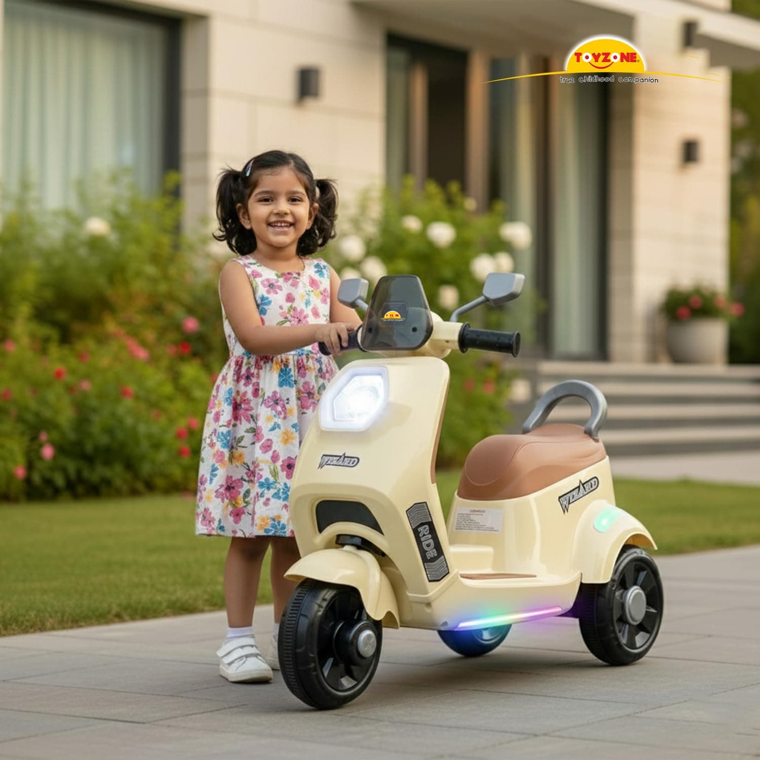 Wizard Electric Scooty | Rechargeable Scooty 6V | Powered by 6.5 ah Battery | Music Player with Bluetoooth & USB | 6 Month Warranty on Battery | Make in India | for Kids 2+ Years (Ivory) — view 6
