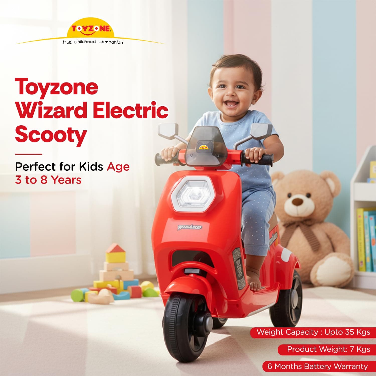 Wizard Electric Scooty | Rechargeable Scooty 6V | Powered by 6.5 ah Battery | Music Player with Bluetoooth & USB | 6 Month Warranty on Battery | Make in India | for Kids 2+ Years (Red) — view 2