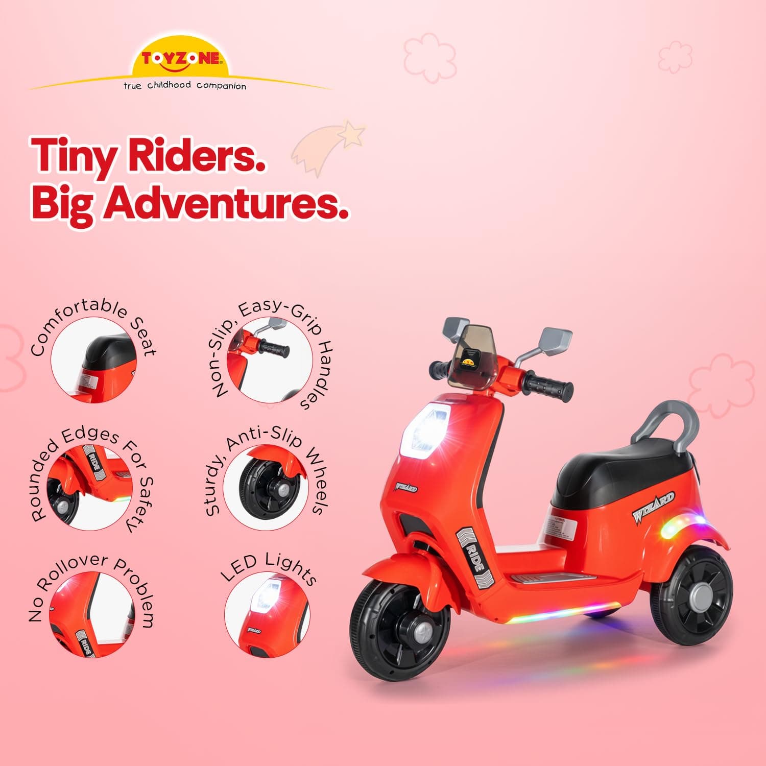 Wizard Electric Scooty | Rechargeable Scooty 6V | Powered by 6.5 ah Battery | Music Player with Bluetoooth & USB | 6 Month Warranty on Battery | Make in India | for Kids 2+ Years (Red) — view 3