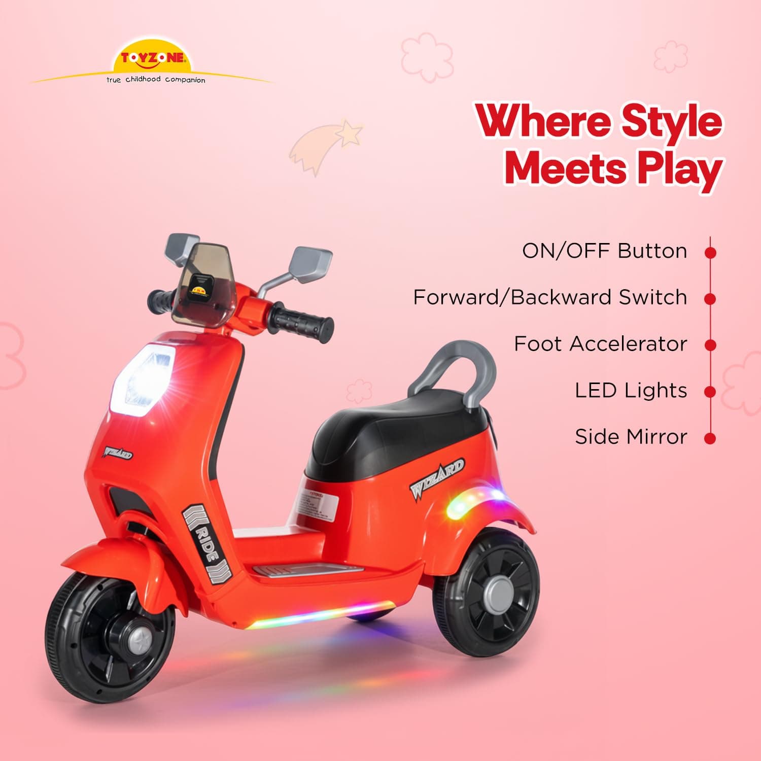 Wizard Electric Scooty | Rechargeable Scooty 6V | Powered by 6.5 ah Battery | Music Player with Bluetoooth & USB | 6 Month Warranty on Battery | Make in India | for Kids 2+ Years (Red) — view 4