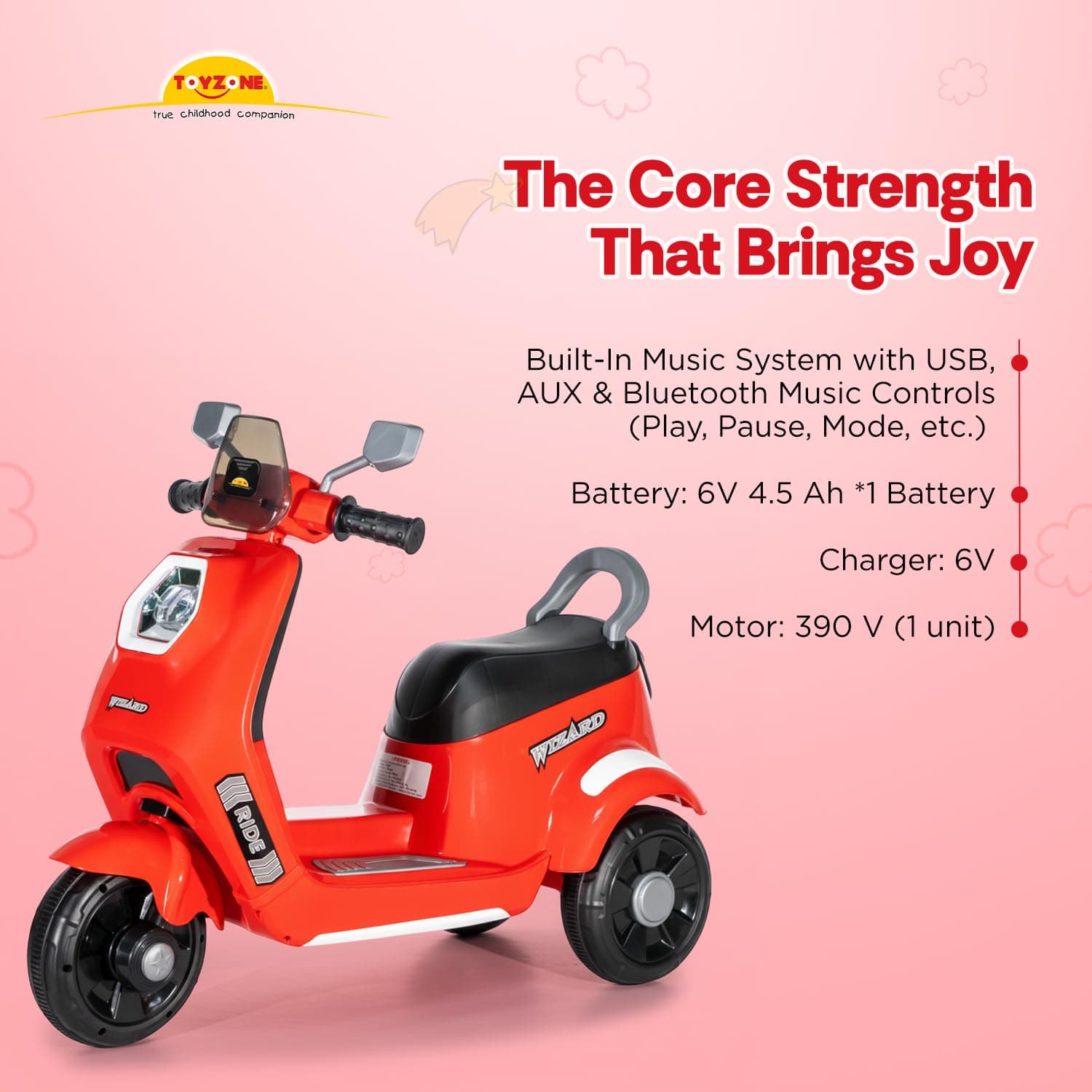 Wizard Electric Scooty | Rechargeable Scooty 6V | Powered by 6.5 ah Battery | Music Player with Bluetoooth & USB | 6 Month Warranty on Battery | Make in India | for Kids 2+ Years (Red) — view 5