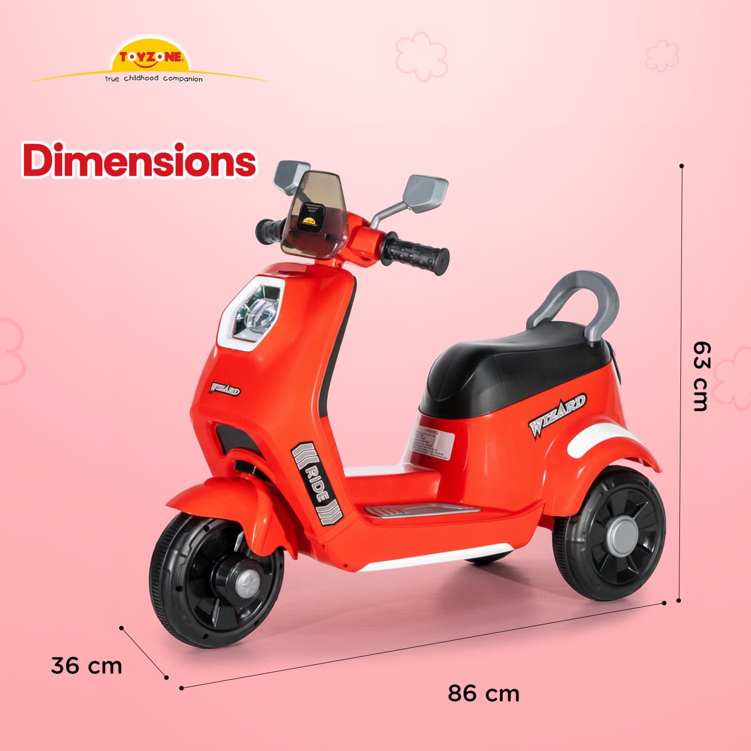 Wizard Electric Scooty | Rechargeable Scooty 6V | Powered by 6.5 ah Battery | Music Player with Bluetoooth & USB | 6 Month Warranty on Battery | Make in India | for Kids 2+ Years (Red) — view 7