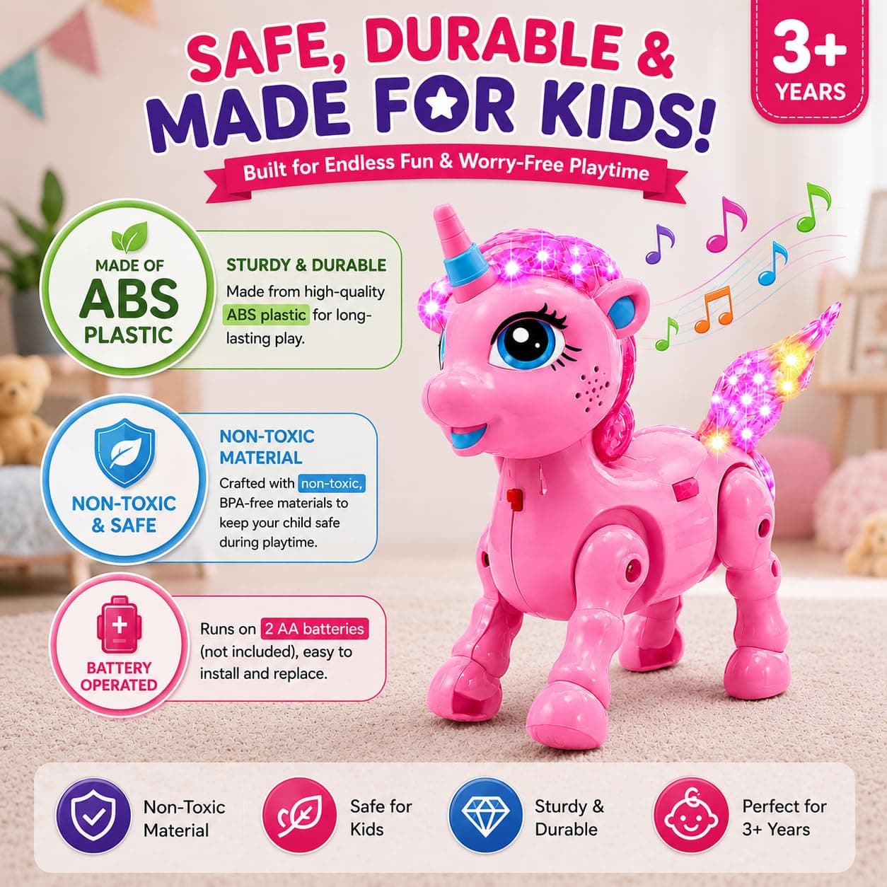 Pink Unicorn Walking Toy for Kids 3+ Years | Battery Operated Musical Unicorn with LED Flashing Lights, Automatic Walking Action, Sound Effects | Interactive Toy Gift for Boys & Girls — view 5