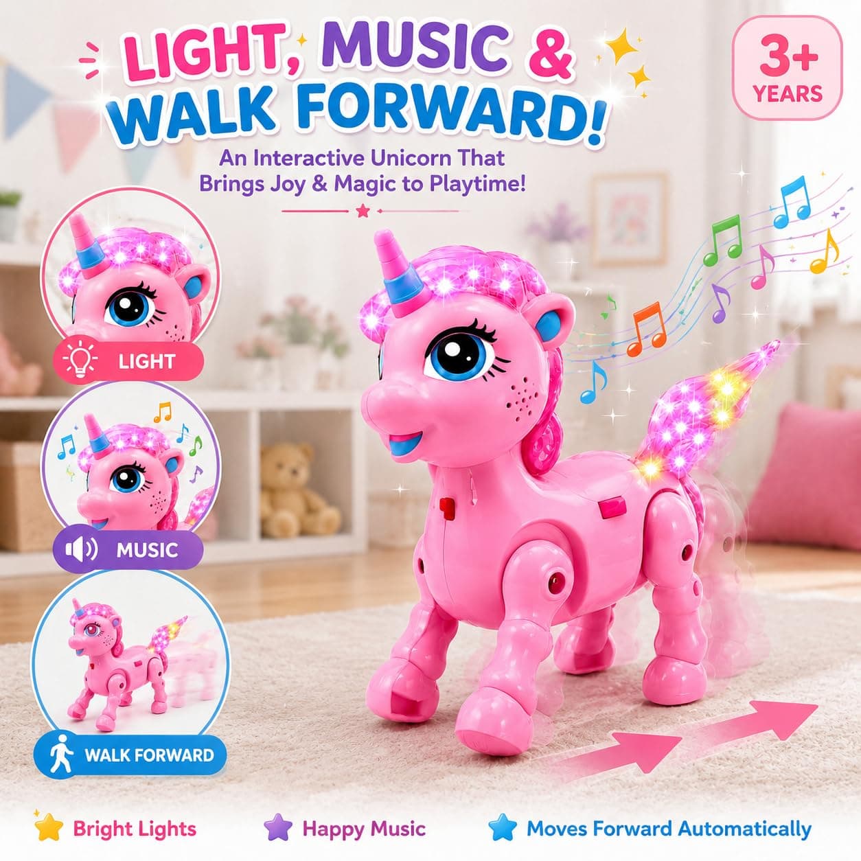 Pink Unicorn Walking Toy for Kids 3+ Years | Battery Operated Musical Unicorn with LED Flashing Lights, Automatic Walking Action, Sound Effects | Interactive Toy Gift for Boys & Girls — view 6
