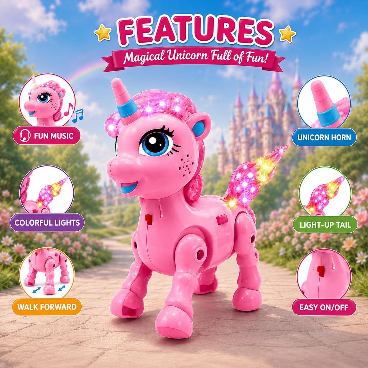 Pink Unicorn Walking Toy for Kids 3+ Years | Battery Operated Musical Unicorn with LED Flashing Lights, Automatic Walking Action, Sound Effects | Interactive Toy Gift for Boys & Girls — view 7