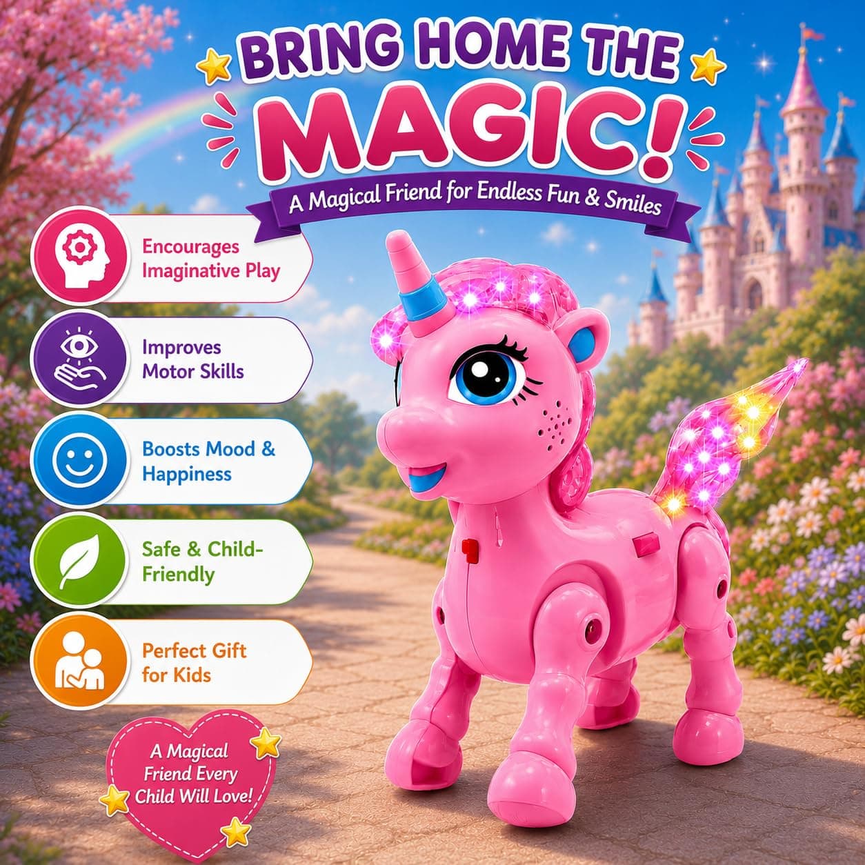 Pink Unicorn Walking Toy for Kids 3+ Years | Battery Operated Musical Unicorn with LED Flashing Lights, Automatic Walking Action, Sound Effects | Interactive Toy Gift for Boys & Girls — view 8