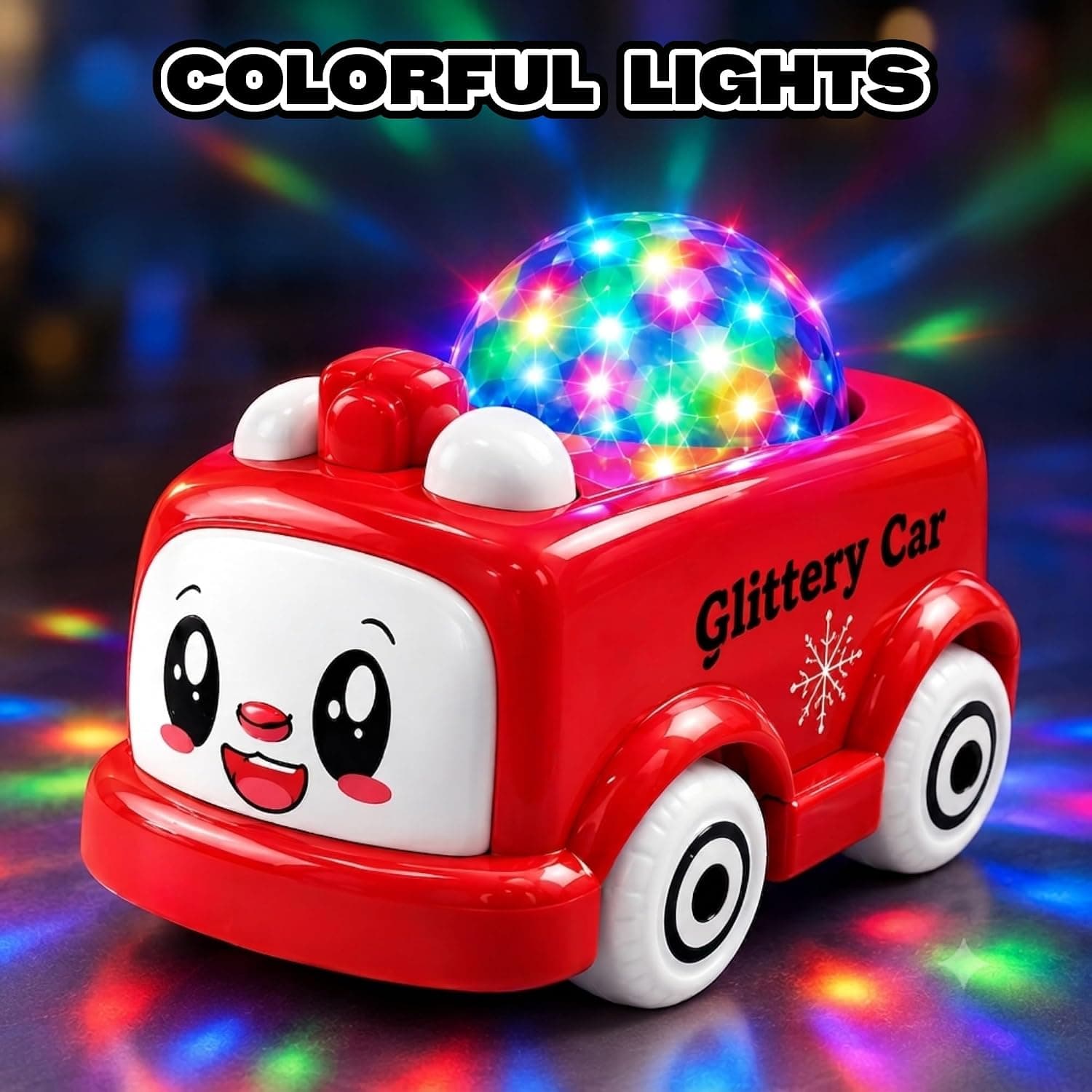 Glittery Cute Car Toy with Colorful Lights, Music & Auto Rotation — view 3