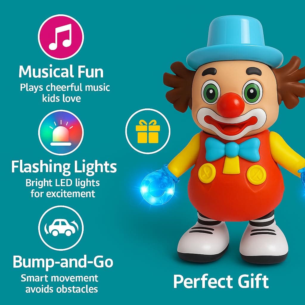 Dancing Clown Toy for Kids with Music, Lights & Bump-and-Go Action | Musical Walking Robot | Funny Clown for Toddlers, Boys & Girls (3+ Years, Battery Operated) — view 9