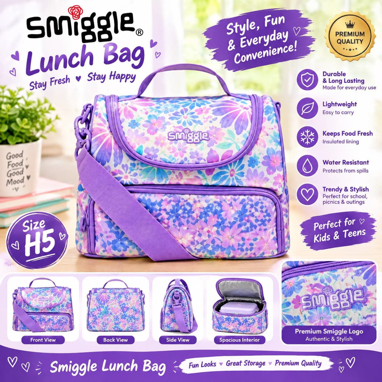 Purple Floral Lunch Bag with Shoulder Strap | Pack of 1 Pc