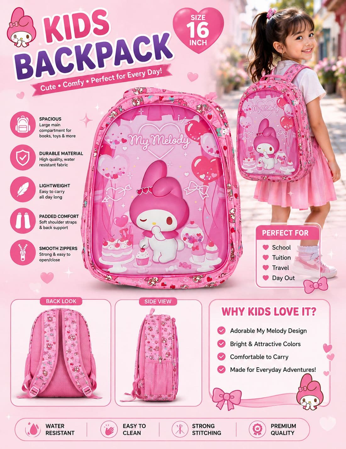 My Melody 16 Inch Kids Backpack for Girls | Pink | Pack of 1 Pc