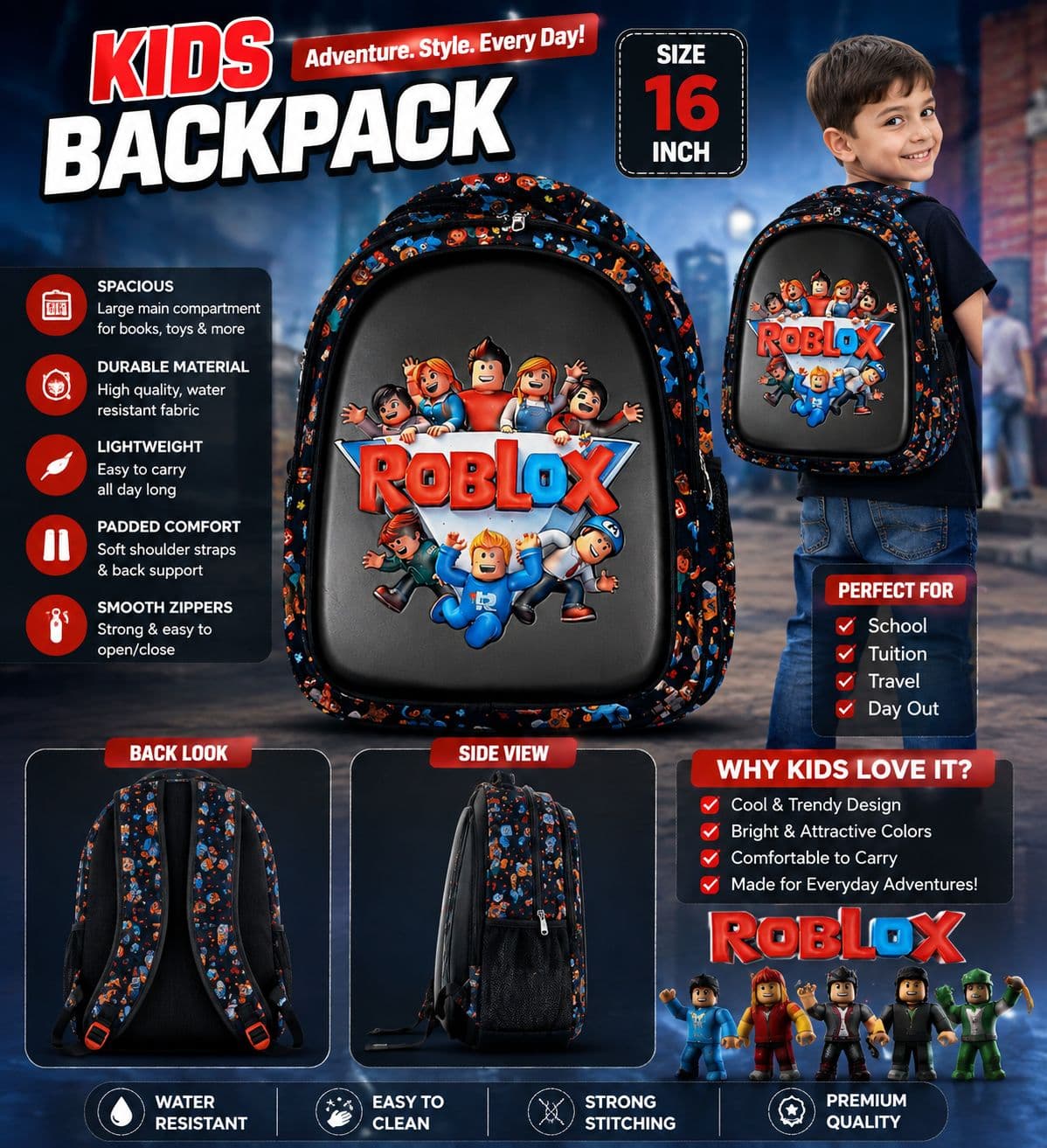 Roblox 16 Inch Kids School Backpack | Black | Pack of 1 Pc