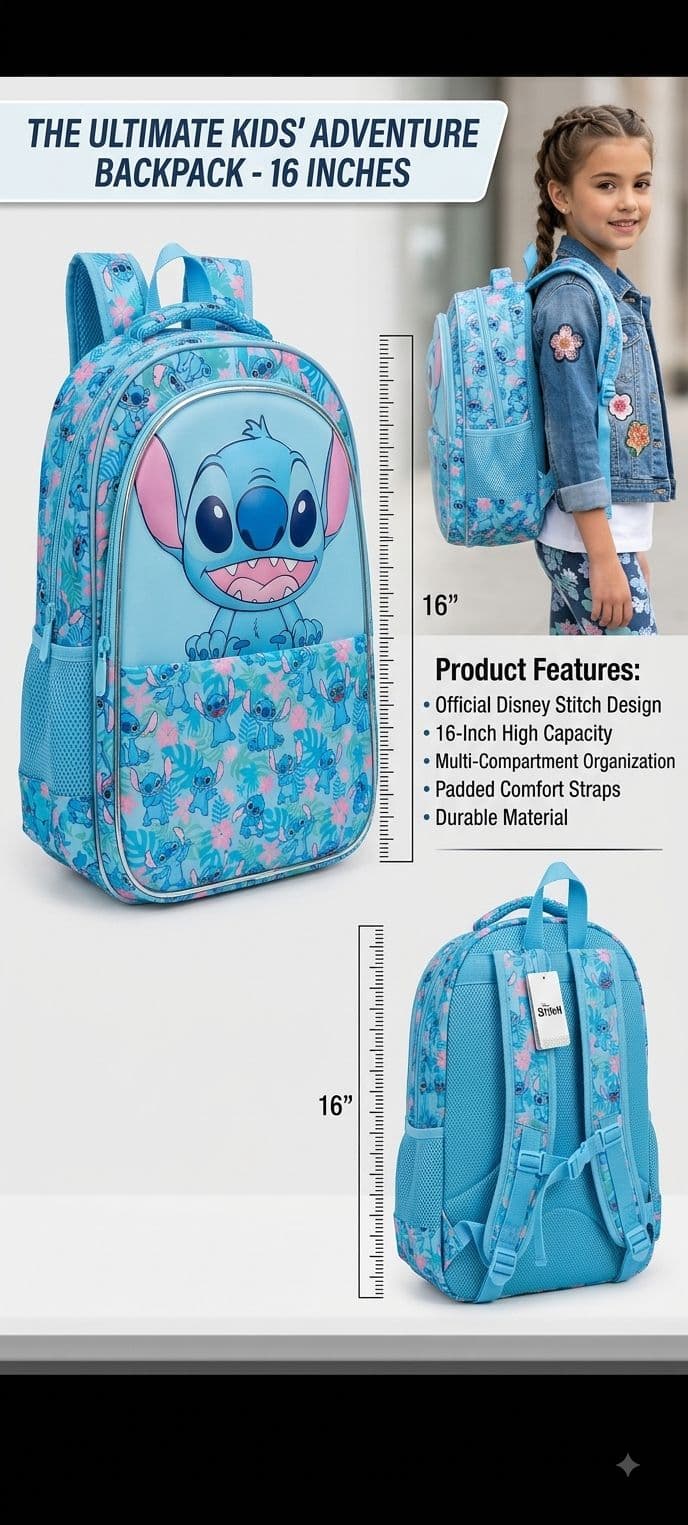 Stitch 16 Inch School Backpack for Kids | Blue | Pack of 1 Pc