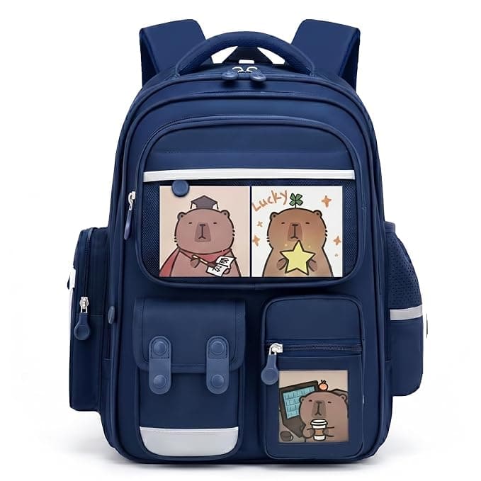 Kids 16 Inch School Backpack with Cartoon Bear Badges and Charm | Blue | Pack of 1 Pc