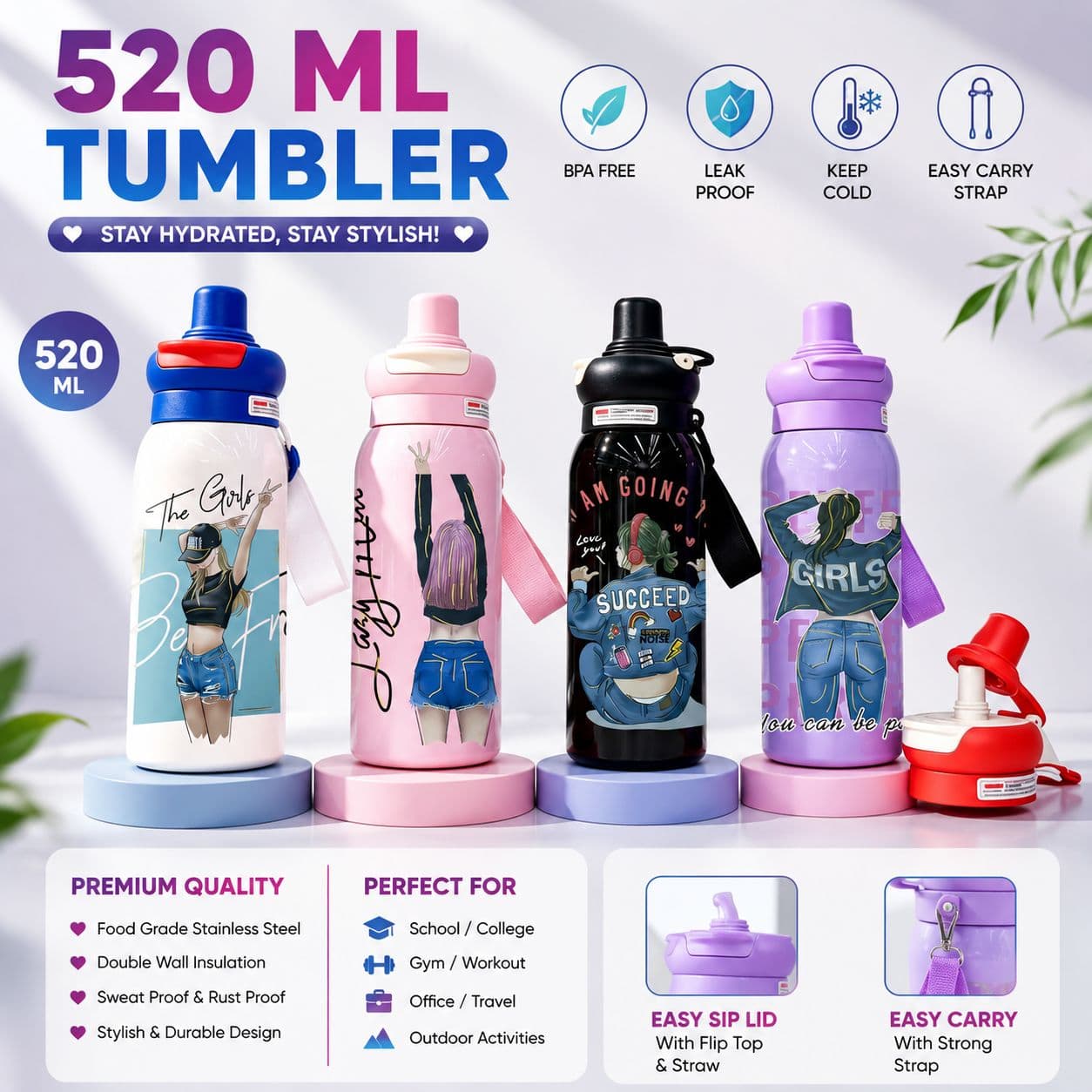 Insulated Water Bottle | 520 ml | Color as per Stock dispatched | Pack of 1 Pc