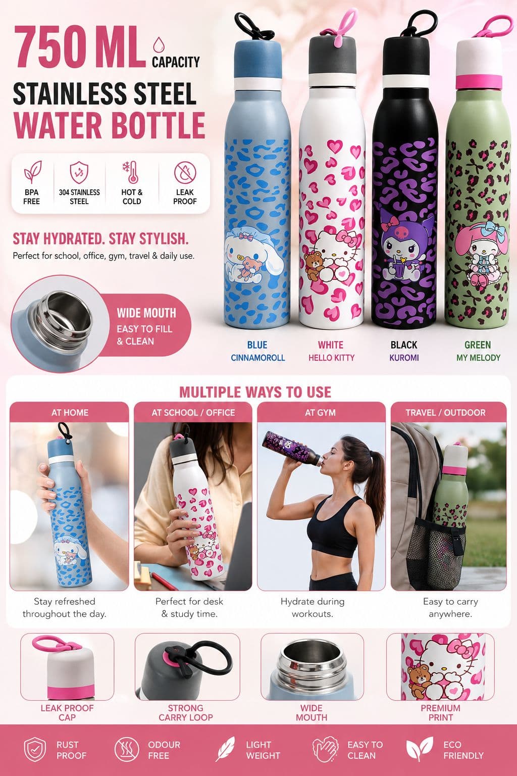 Water Bottle | 750 ml | Color as per Stock dispatched | Pack of 1 Pc
