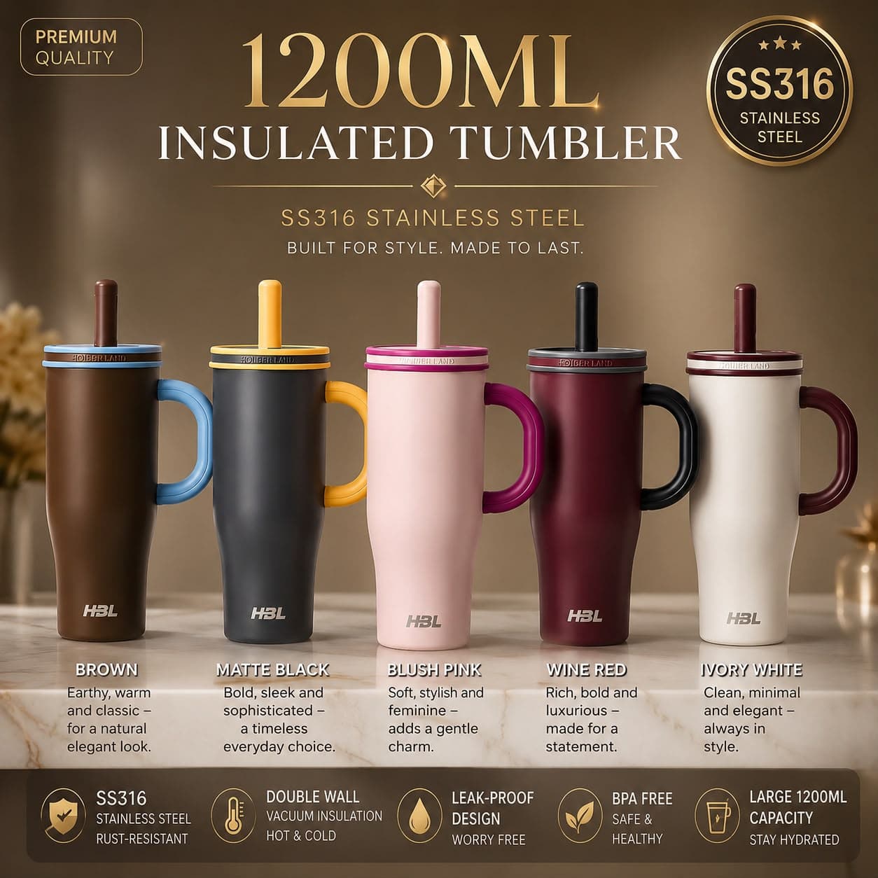 Tumbler | 1200 ml | Style 2 | Color as per Stock dispatched | Pack of 1 Pc