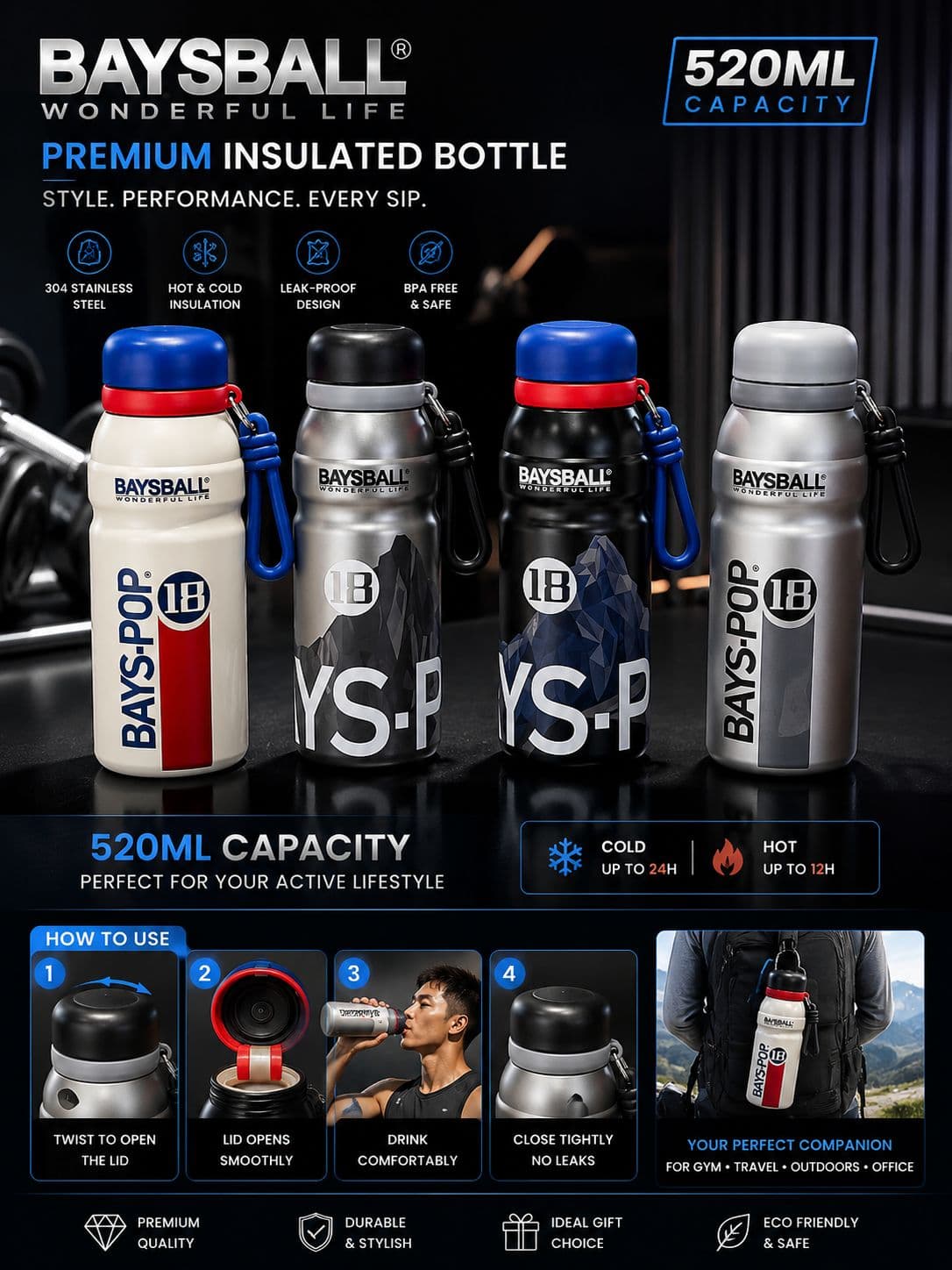 Insulated Water Bottle | 520 ml | Style 2 | Color as per Stock dispatched | Pack of 1 Pc