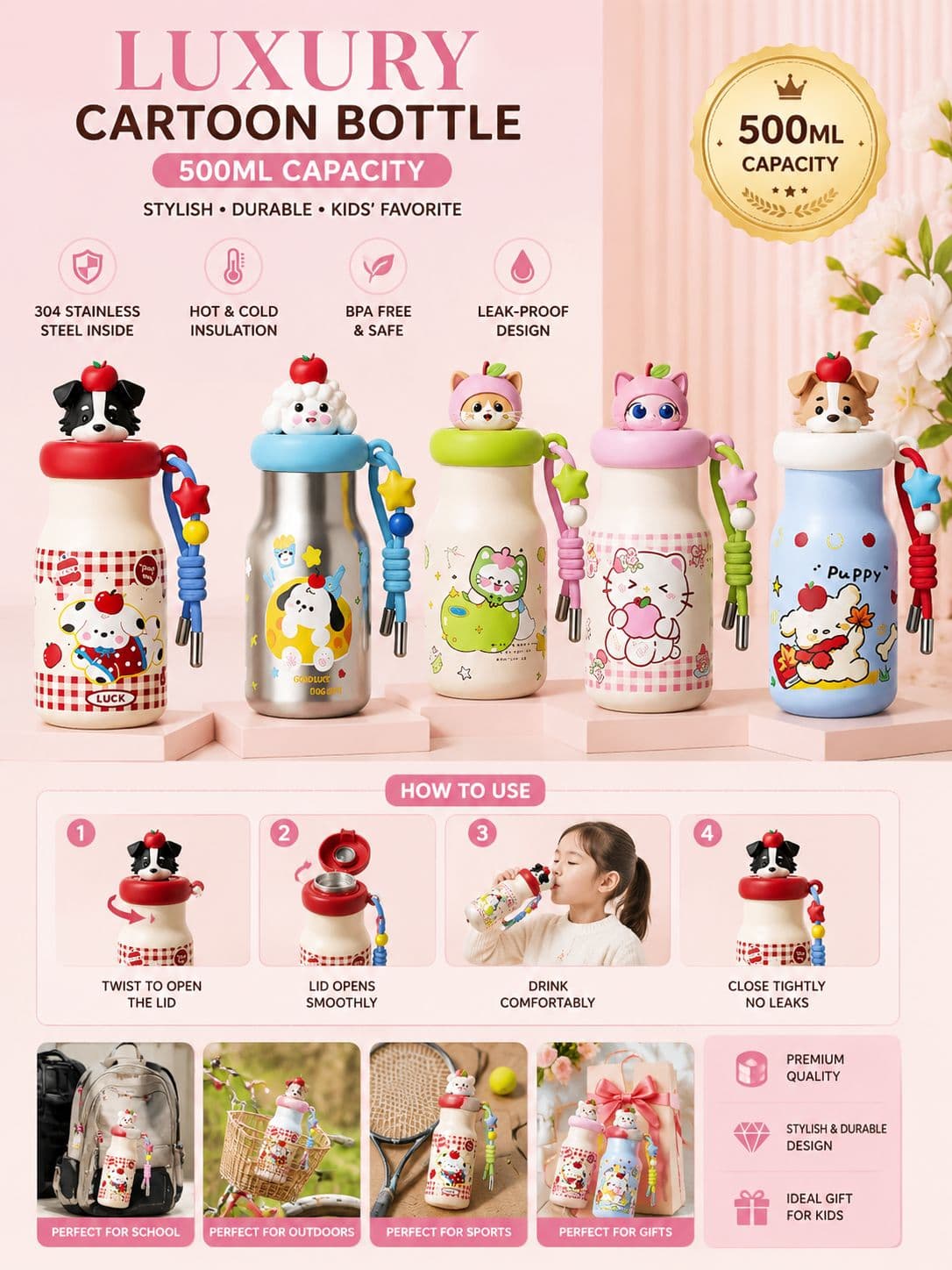 Stainless Steel Water Bottle for Kids | 500 ml | Color as per Stock dispatched | Pack of 1 Pc