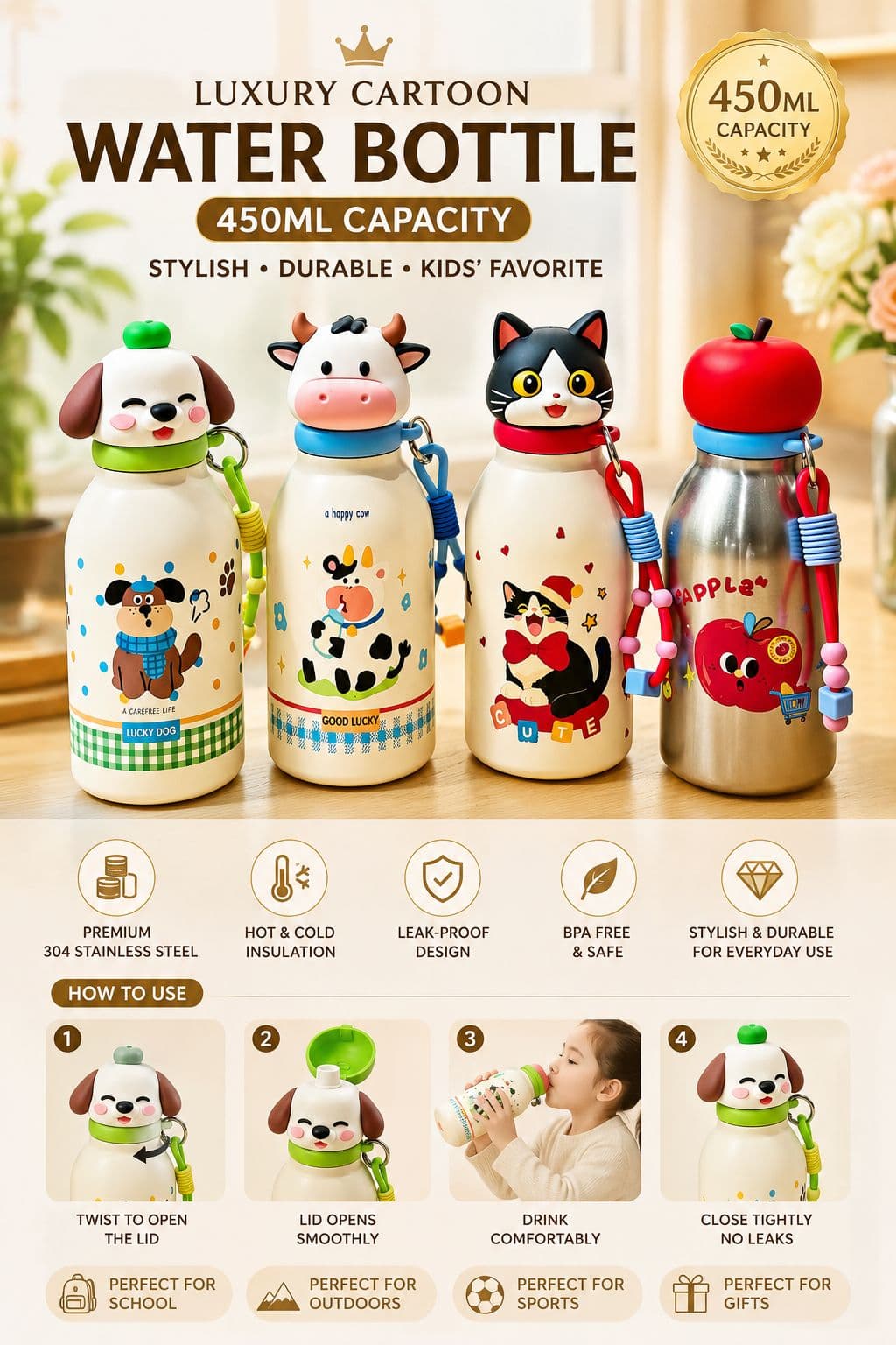 Water Bottle for Kids | 450 ml | Color as per Stock dispatched | Pack of 1 Pc