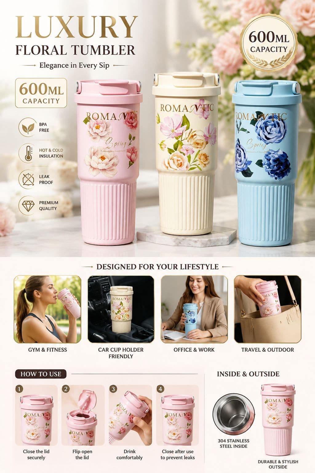 Tumbler | 600 ml | Color as per Stock dispatched | Pack of 1 Pc