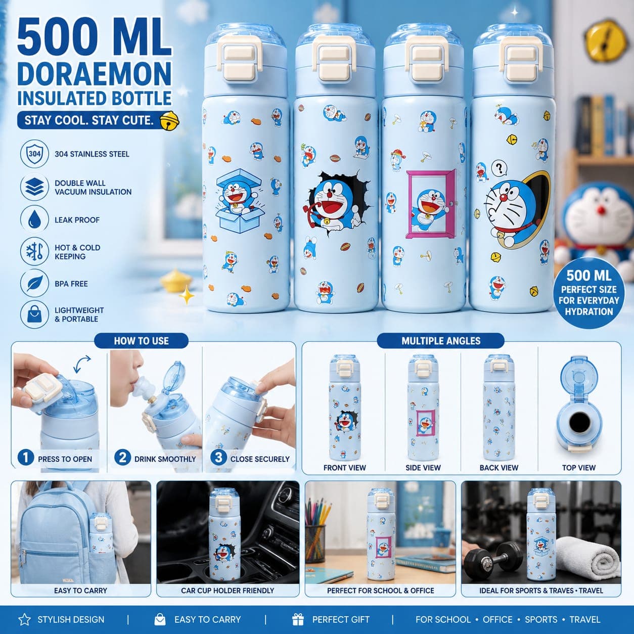 Doraemon Water Bottle for Kids | 500 ml | Color as per Stock dispatched | Pack of 1 Pc