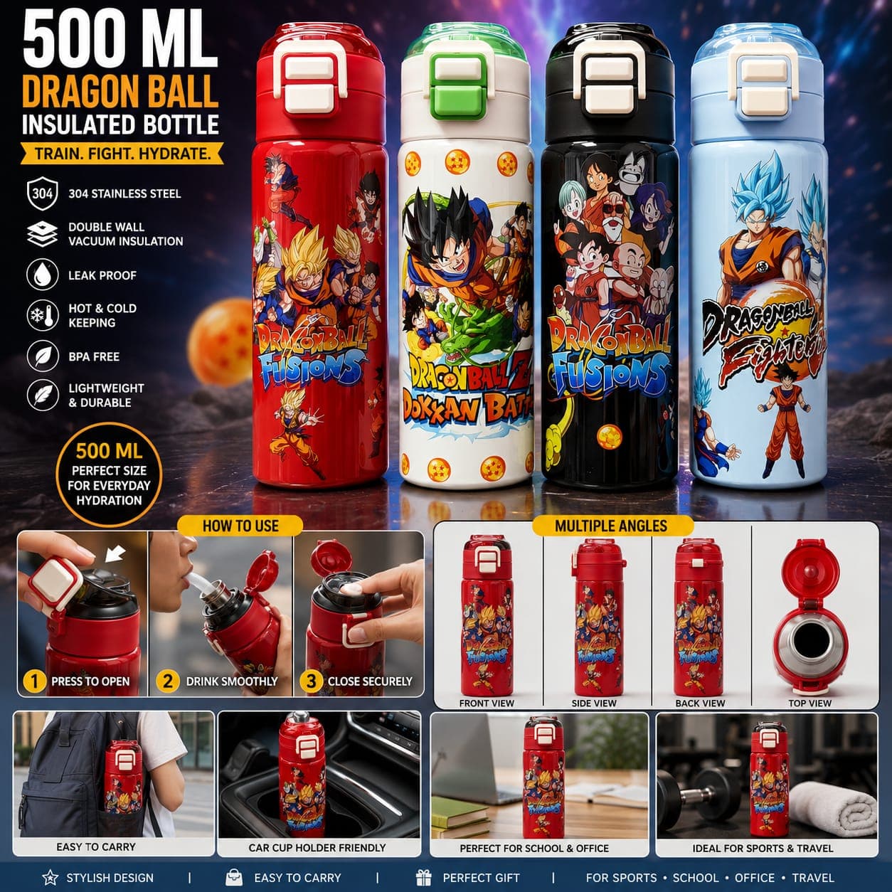 Dragon Ball Water Bottle for Kids | 500 ml | Color as per Stock dispatched | Pack of 1 Pc