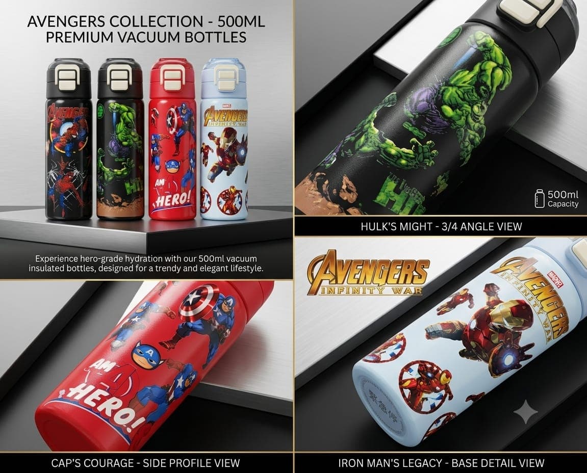 Avengers Water Bottle for Kids | 500 ml | Color as per Stock dispatched | Pack of 1 Pc