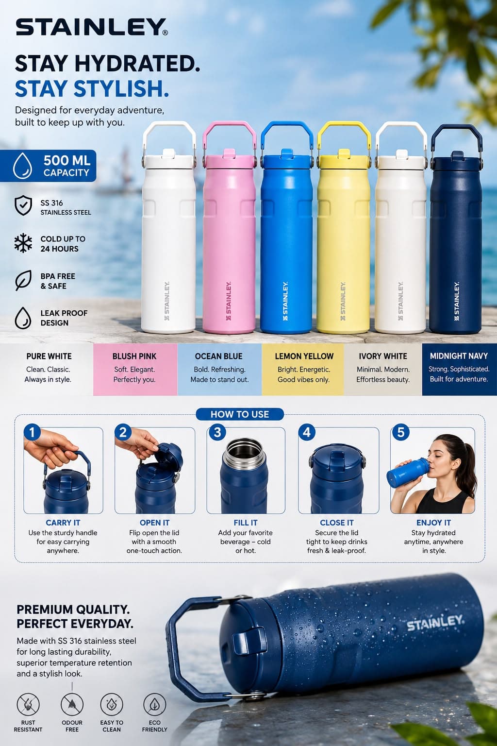 Insulated Water Bottle | 500 ml | Style 2 | Color as per Stock dispatched | Pack of 1 Pc