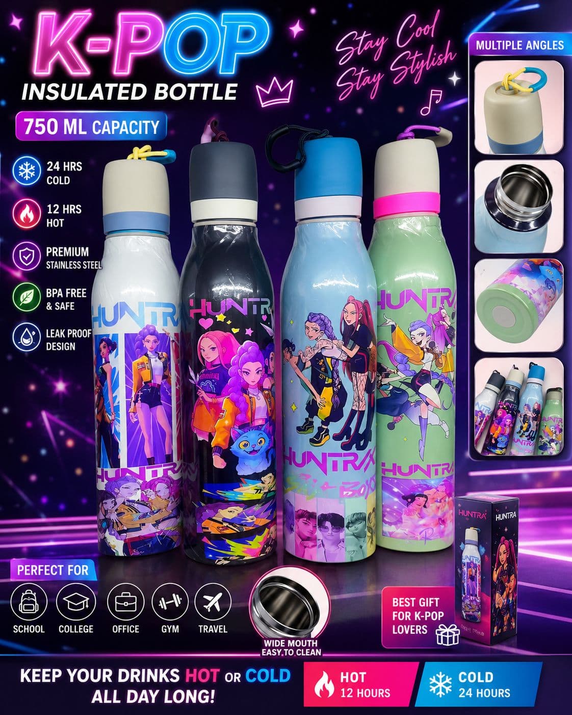 KPOP Water Bottle for Kids | 750 ml | Color as per Stock dispatched | Pack of 1 Pc