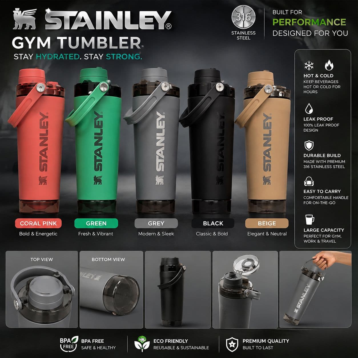 Stainless Steel Gym Tumbler | Color as per Stock dispatched | Pack of 1 Pc