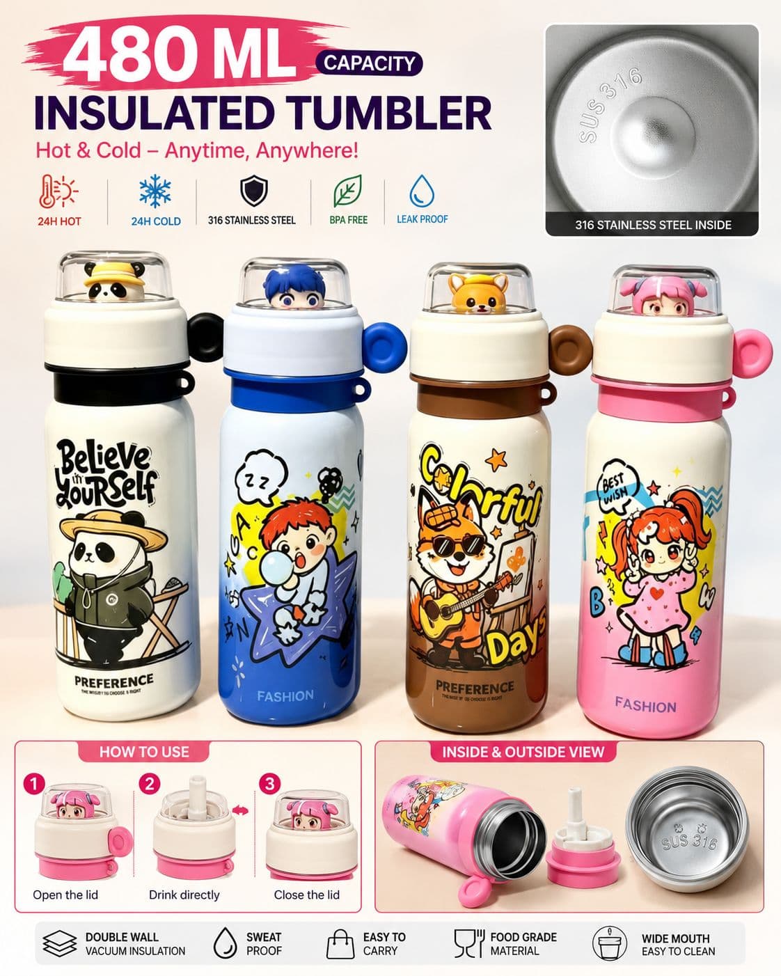 Insulated Water Bottle | 480 ml | Color as per Stock dispatched | Pack of 1 Pc