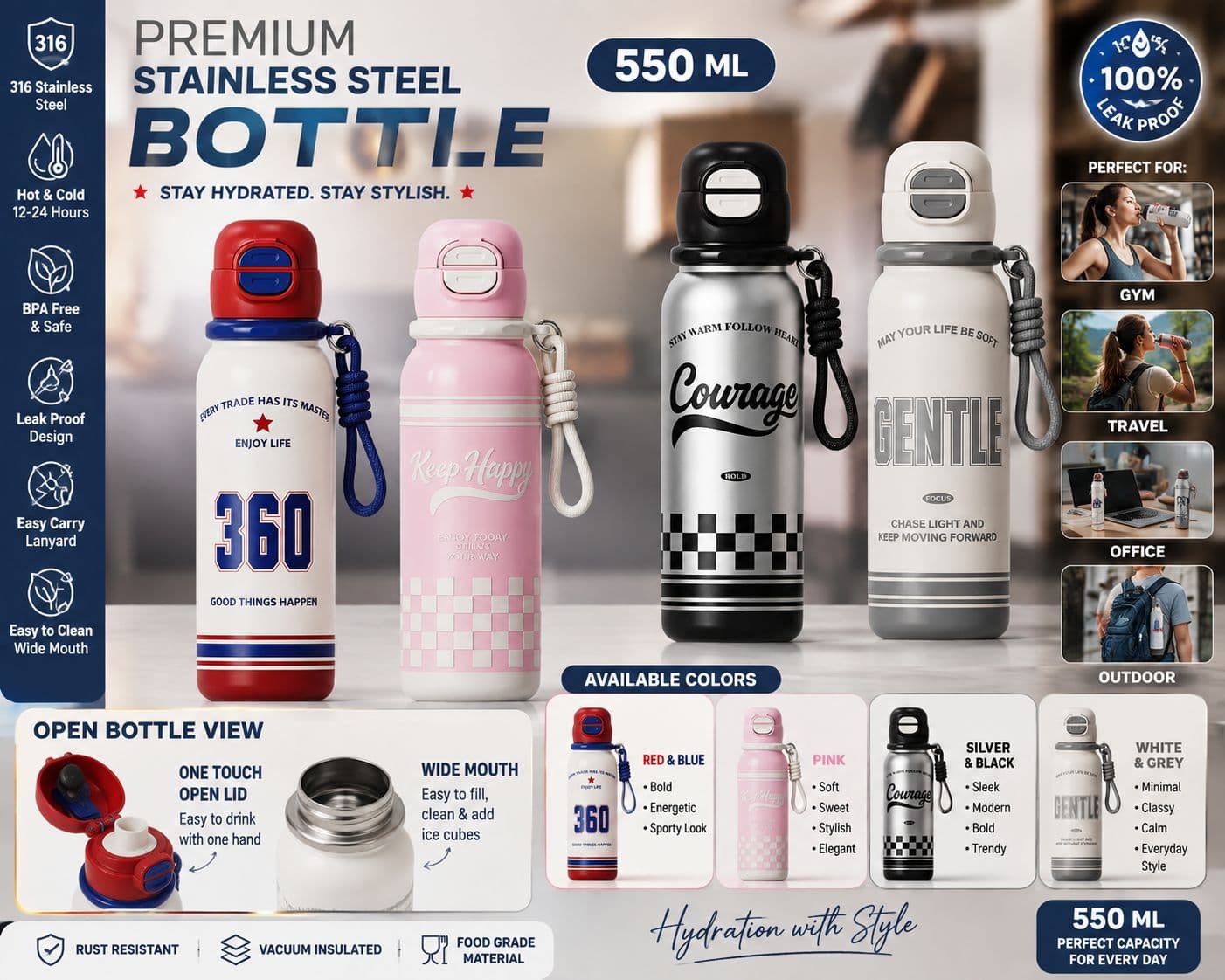 Insulated Water Bottle | 550 ml | Color as per Stock dispatched | Pack of 1 Pc