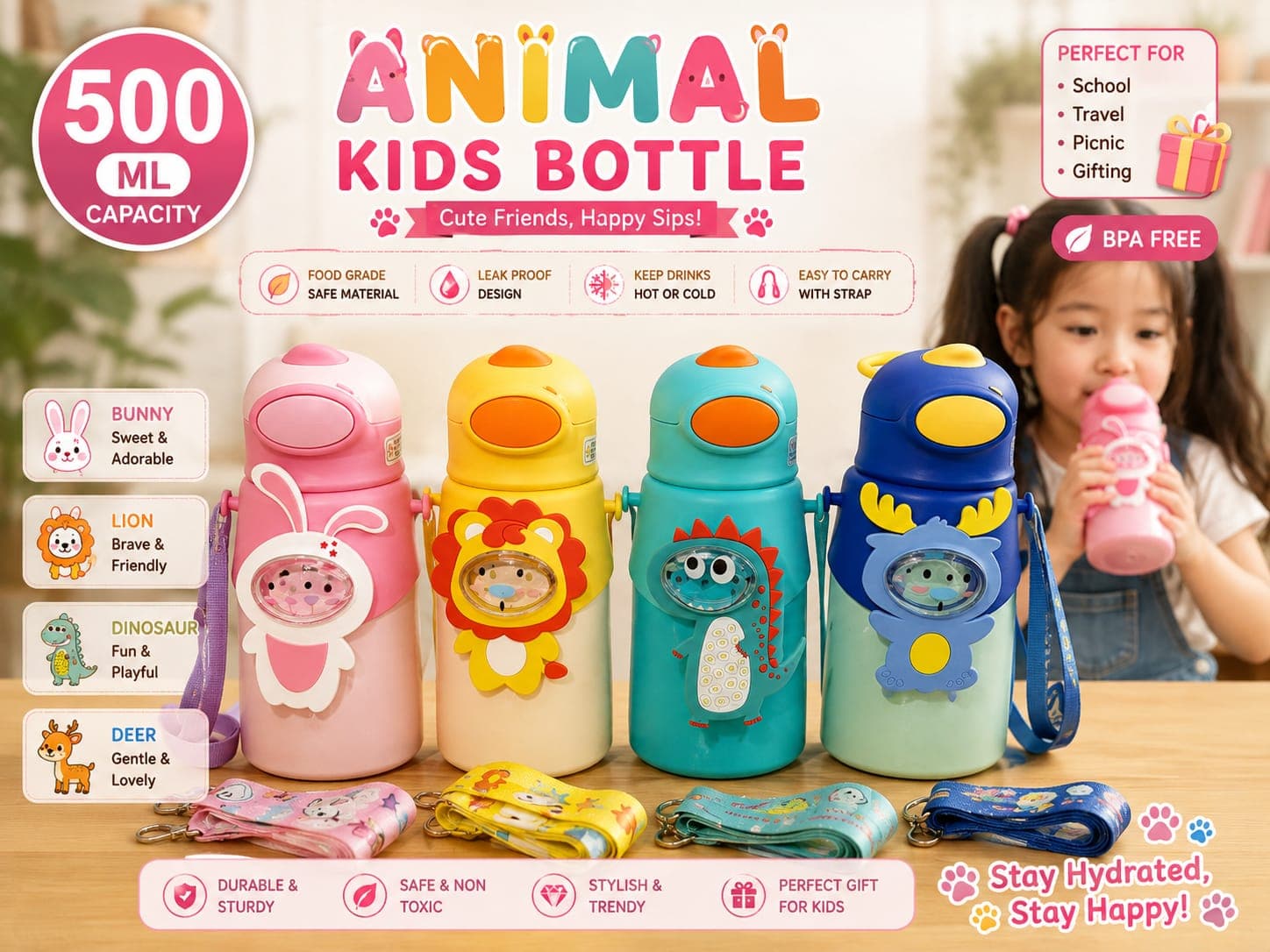Water Bottle for Kids | 500 ml | Color as per Stock dispatched | Pack of 1 Pc
