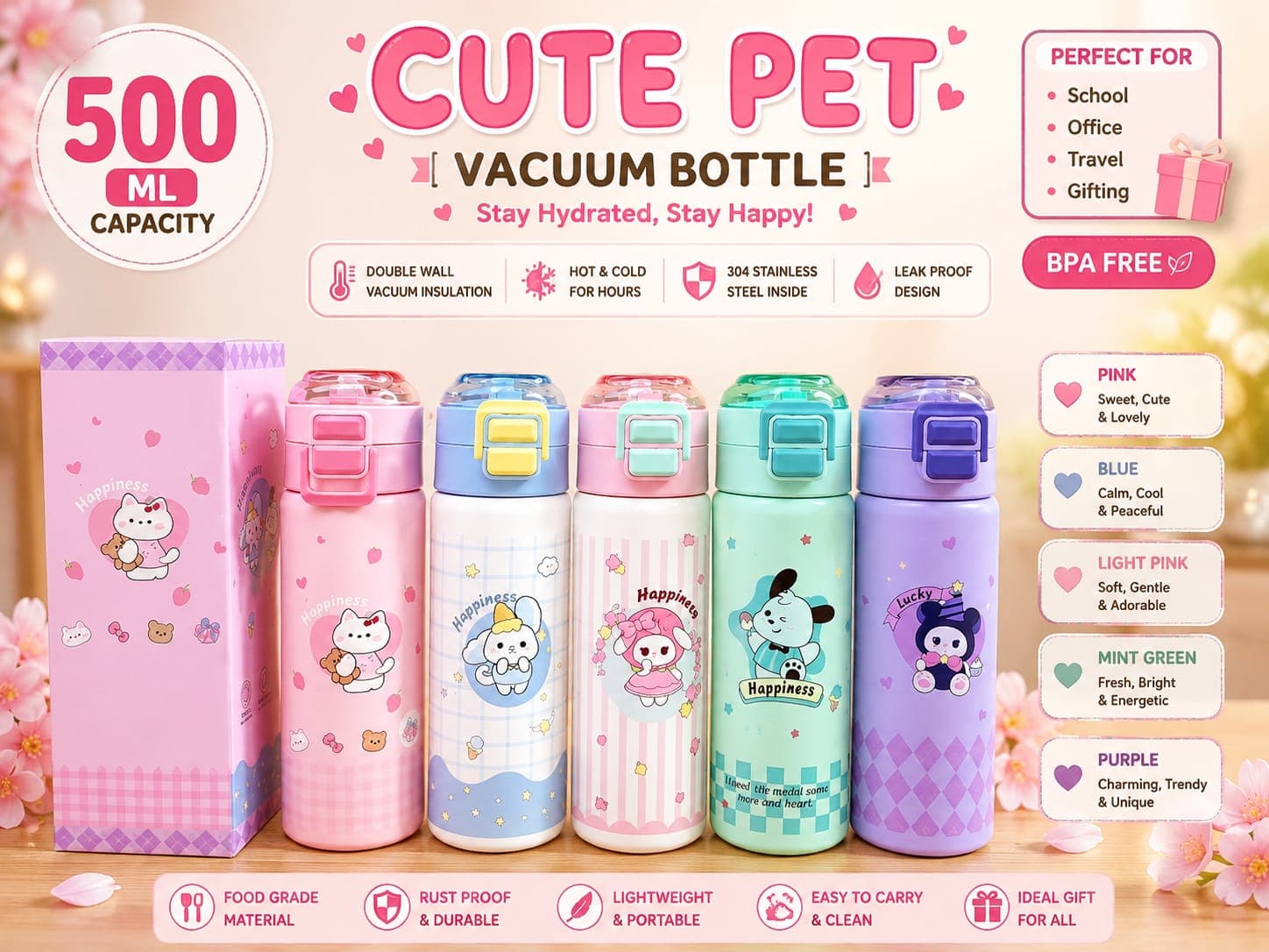 Kuromi Water Bottle for Kids | 500 ml | Style 2 | Color as per Stock dispatched | Pack of 1 Pc