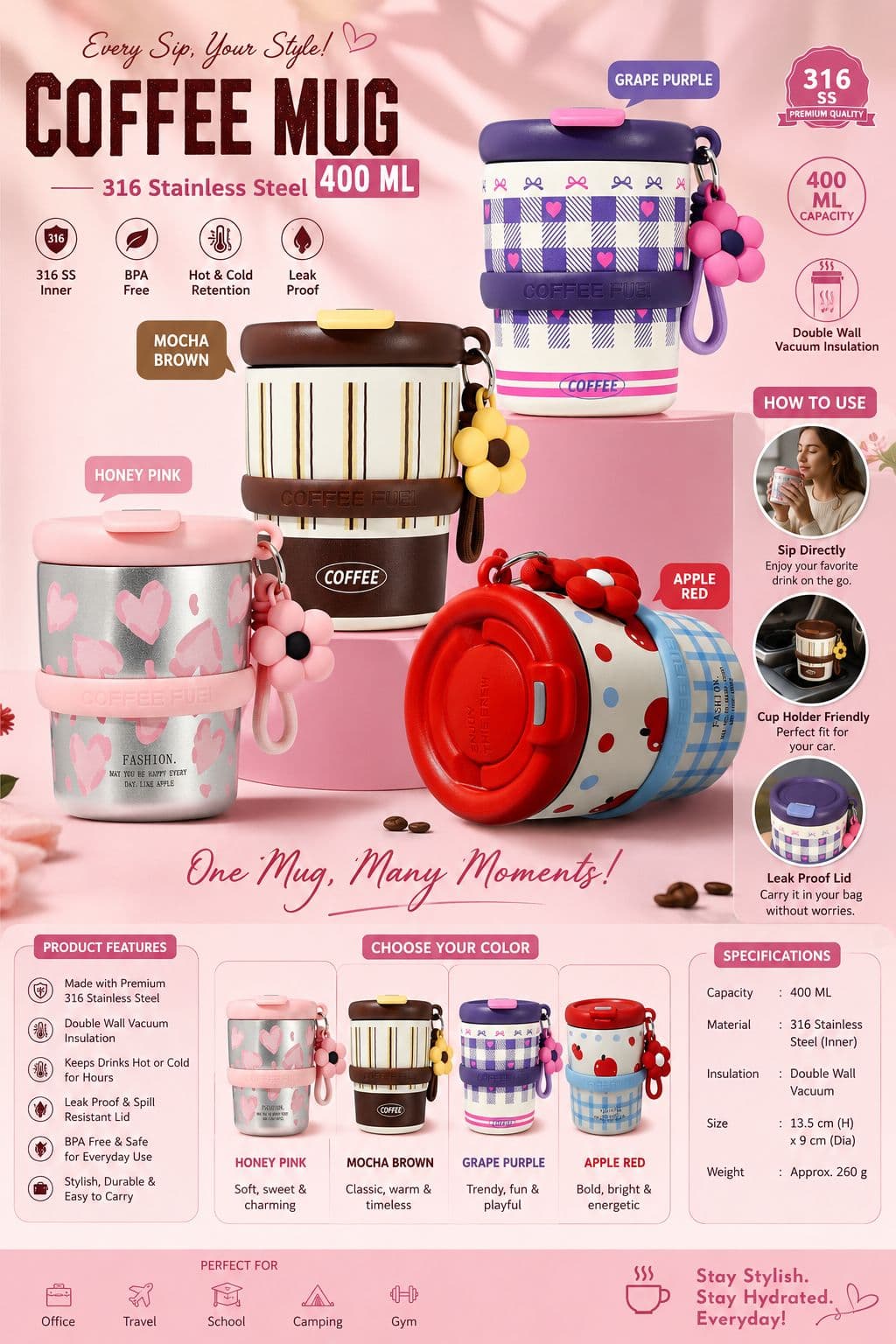 Coffee Mug | 400 ml | Color as per Stock dispatched | Pack of 1 Pc