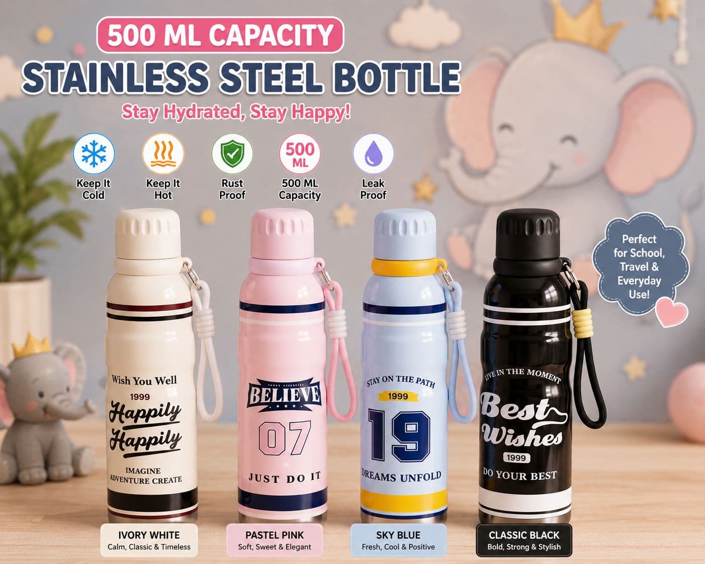 Insulated Water Bottle | 500 ml | Style 3 | Color as per Stock dispatched | Pack of 1 Pc