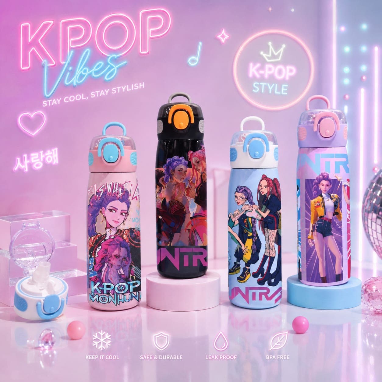 KPOP Water Bottle for Kids | 620 ml | Color as per Stock dispatched | Pack of 1 Pc