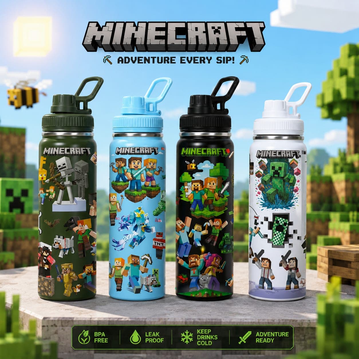 Minecraft Water Bottle for Kids | 800 ml | Color as per Stock dispatched | Pack of 1 Pc