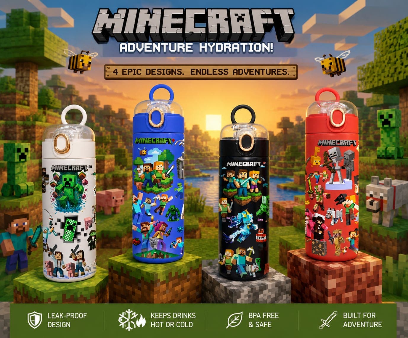 Minecraft Water Bottle for Kids | 420 ml | Color as per Stock dispatched | Pack of 1 Pc