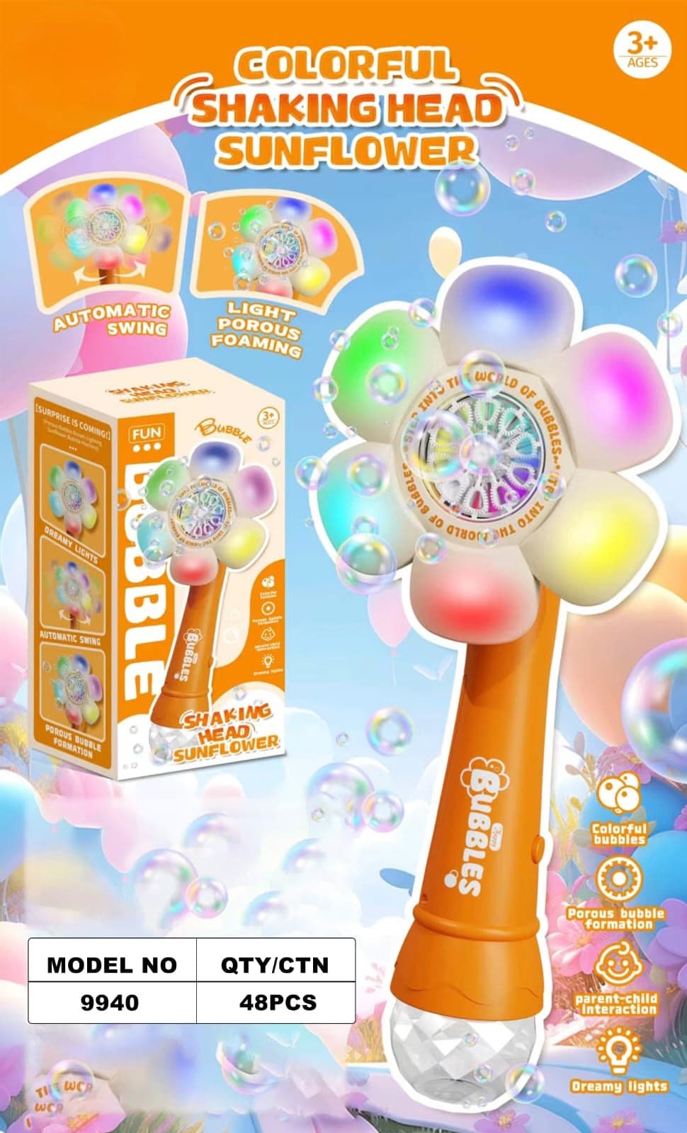 Model 9940 Colorful Shaking Head Sunflower Automatic Bubble Wand.