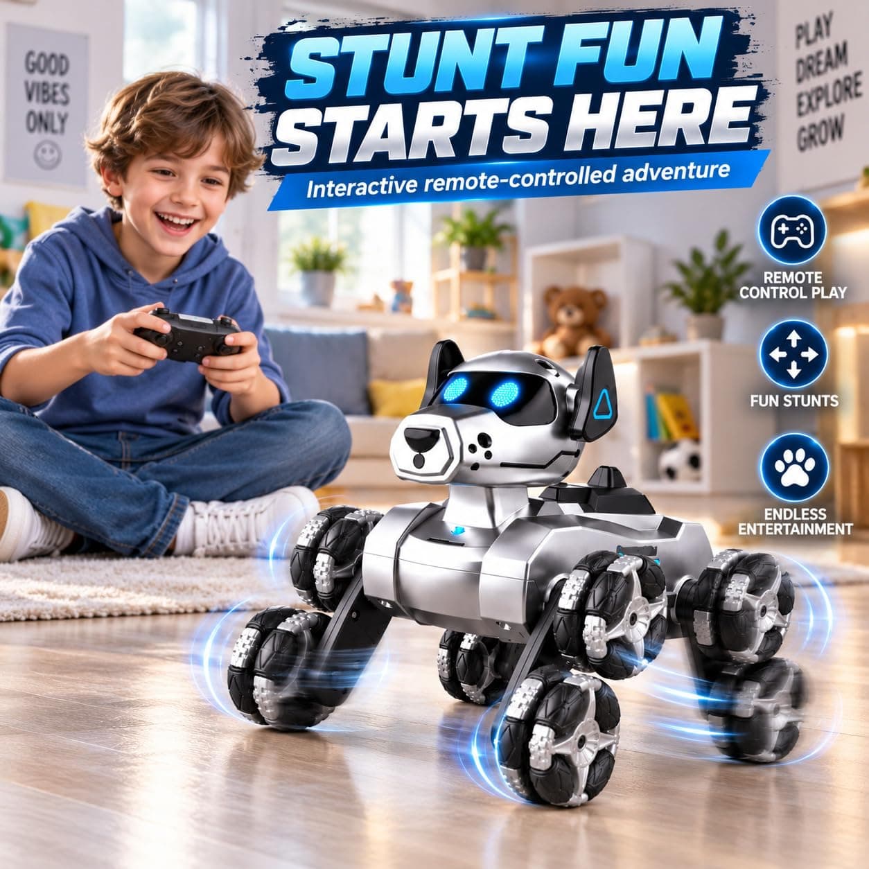 RC Robot Dog Car Toy for Kids, Remote Control Stunt Car with 360° Rotating Wheels, Walking Robot Puppy Vehicle with LED Lights, Interactive Racing Toy Gift for Boys & Girls Ages 3+ — view 4